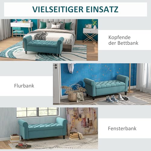 HOMCOM Sitzbank mit Stauraum Polsterbank mit Samt-Bezug, Armlehne Bettbank mit Holzbeinen, Schuhbank für Schlafzimmer, Wohnzimmer, Flur 126 x 48,5 x 57 cm Grün