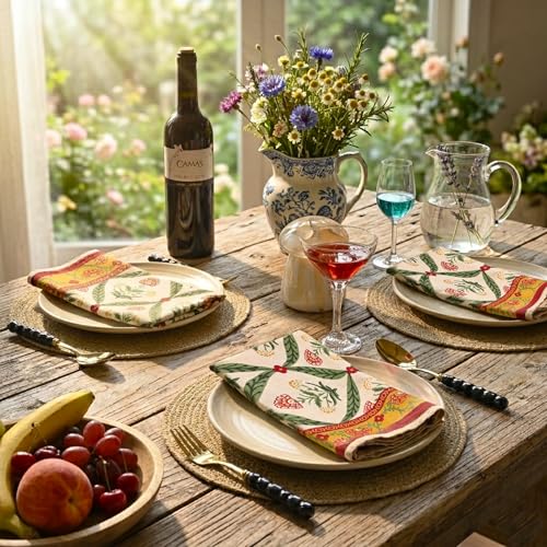 Image of FINGERCRAFT Floral Print Cloth Napkins Set of 12, 20x20 Inch, Cotton Linen Blend with Lace Edge, Block Print Table Napkins, Reusable Dinner Napkins for Dining, Parties & Festive Tables (Vintage Craft)