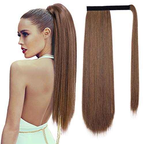 Isaic Ponytail Extension Long Straight Wrap Around Clip in Synthetic Hair for Women (Dark Brown mix Auburn Evenly, 150g)