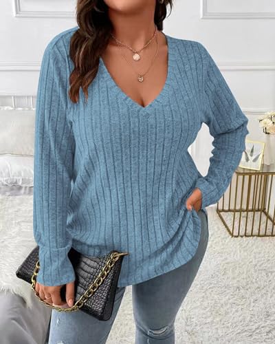 Image of Doweha Women Plus Size Fitted Sweaters Fall Winter 2025 Cute Pullover V Neck Knit Sweater Long Sleeve Basic Tops Shirt Jumper
