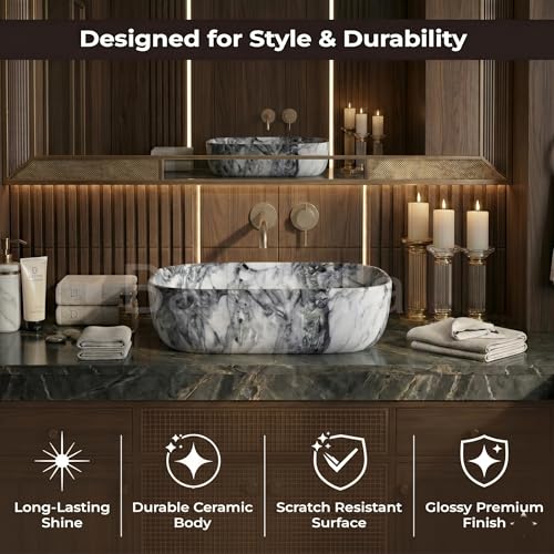 Image of Designer Ceramic Wash Basin For Bathroom | Over Counter Bathroom Basin | Counter Top Bathroom Sink | Wash Basin For Restaurant, Hotel (18 x13 x 5 Inch) (152)
