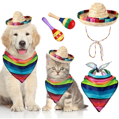 Saintrygo 4 Pcs Dog Sombrero Hat Set for Cinco De Mayo Pet Mexican Costume with Bandana Scarf and Wooden Maracas Fiesta Party Accessories for Dogs and Cats