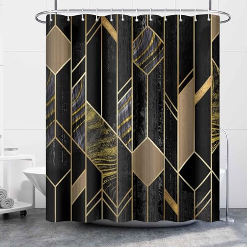 Uiiooazy Black Marble Shower Curtain for Bathroom Abstract Gold Stripe Lines Fabric Shower Curtains Waterproof Modern 72x72inches Bathtub Shower Curtain Set with Hooks