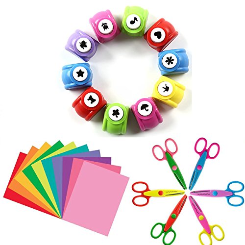 Since 10 PCS Craft Punch + 6 PCS Creative Scissors + 50 PCS Colorful Self Adhesive Paper for Card Scrapbooking Engraving Kid Cut DIY Handmade