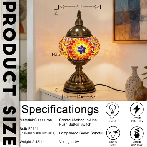 mfanchan 5" Turkish Table Lamp, Vintage Style Handmade Stained Glass Moroccan Mosaic Lamp with Bronze Base Including E26 Bulb for Living Room Bedroom Decor — view 2