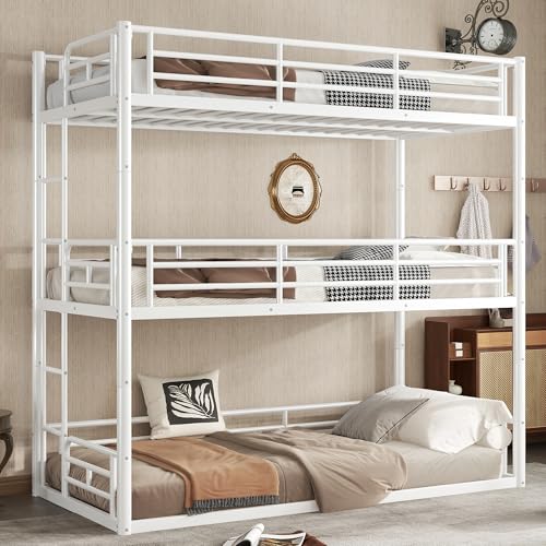 Image of Twin Over Twin Over Twin Bunk Bed with Safety Guardrails, Modern Metal Triple Bed Frame for Kids, No Box Spring Required, White