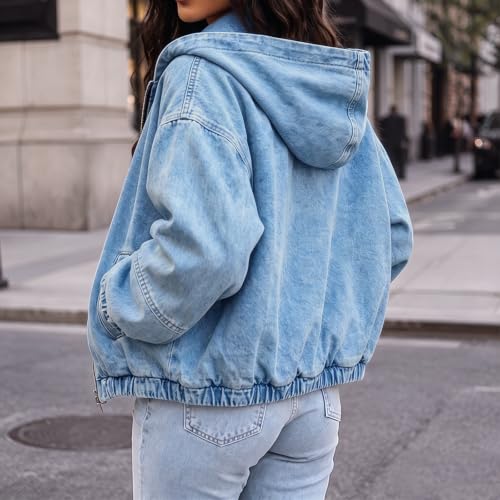 Women's Denim Bomber Jacket Zip Up Jean Jackets Oversized Denim Hoodie - image 4