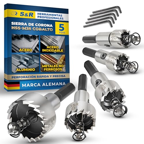 S&R Brocas Sierra Coronas Perforadora Metal. - Juego de 5 Fresas a Taza: 16 + 18,5 + 20 + 25 + 30 mm HSS Cobalto 5% - HRC 64-66