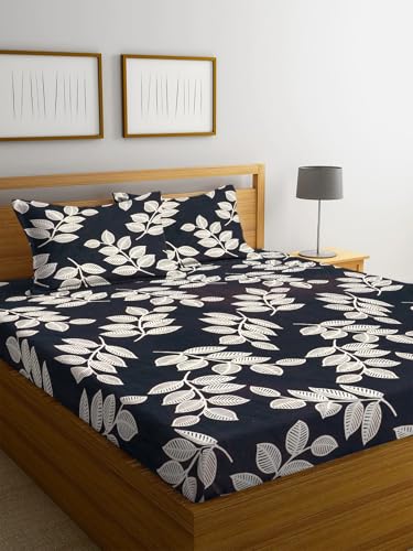 Image of NEW LEAF Premium Cotton Elastic Fitted Bedsheets with 2 King Size Pillow Covers | Double Bed with All Around Elastic 220 TC Supersoft |Size-72 King Sizex78+10 inches | Floral, Black and White