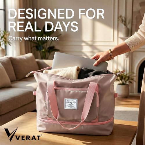 Image of Nylon 41L Expandable Travel Bag for Women, Foldable Waterproof Duffle Bag, Lightweight Carry-On Luggage with Wet Pocket, Vanity Handbag for Travel & Gym (Pink, 41 Liter)