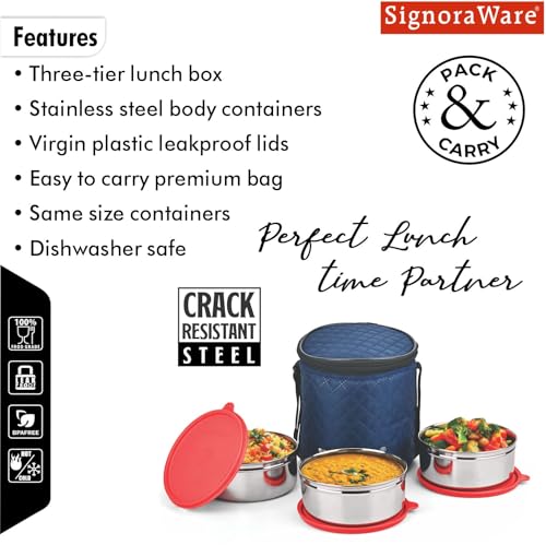 Image of SignoraWare Big Meal Stainless Steel Container Set | Airtight & Leakproof | Durable & Rust-Free | Ideal for Office, School, Home & Outdoor Use (800mlx3 | Set of 3 | Red)