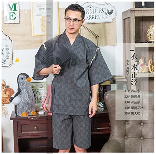 Men's Kimono Japanese Jinbei Shirt and Pant Cotton Linen Loungewear Lounge Set Spa Bathrobe, Style2