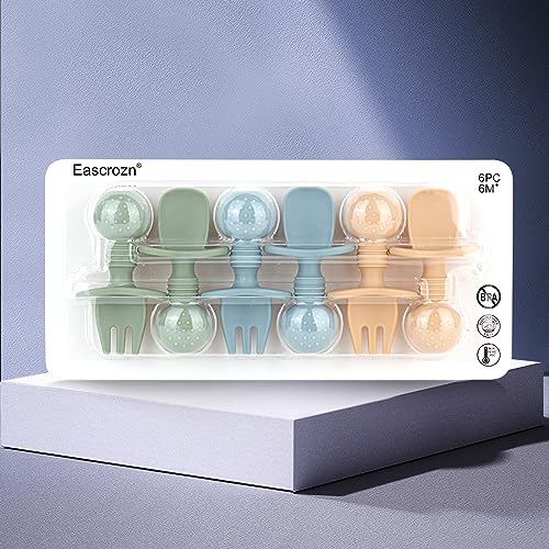 Image of Eascrozn Baby Spoons and Forks Feeding Set, 6 Pack Silicone First Stage Self Feeding Toddler Utensils, BPA Free, Baby Led Weaning Supplies for Training Spoons