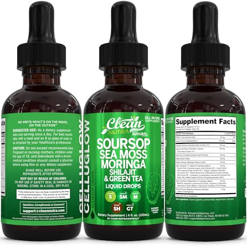 Image of CelluGlow Soursop Bitters Liquid Drops Green Tea Extract Sea Moss Moringa Shilajit Vitamin C D3 Garlic Turmeric Ginger Reishi Mushroom Grape Seed Lycopene Immune Support Supplement by Clean Nutra 4oz