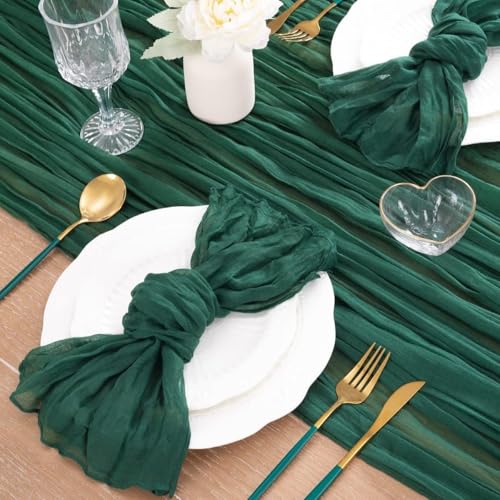 Image of MLMC Emerald Green Table Runner Boho Dark Green Cheesecloth Table Runner 10ft Sheer Gauze Cheese Cloth Decorations for Wedding Bridal Shower Home Party Decor
