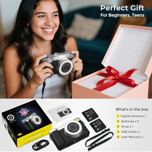 4K Digital Camera for Photography 64MP Vlogging Camera for YouTube with Flip Screen Point and Shoot Camera for Teens with Built-in LED Selfie Light Compact Camera for Beginners with Batteries