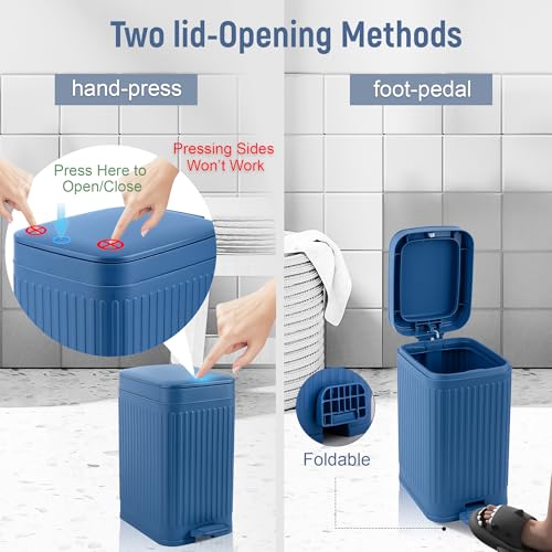 Image of rejomiik Small Bathroom Trash Can with Lid Slim Soft Close Garbage Can Step Wastebasket Container Trash Bin for Office Bedroom Kitchen Living Room 1.9 Gallon, Navy Blue