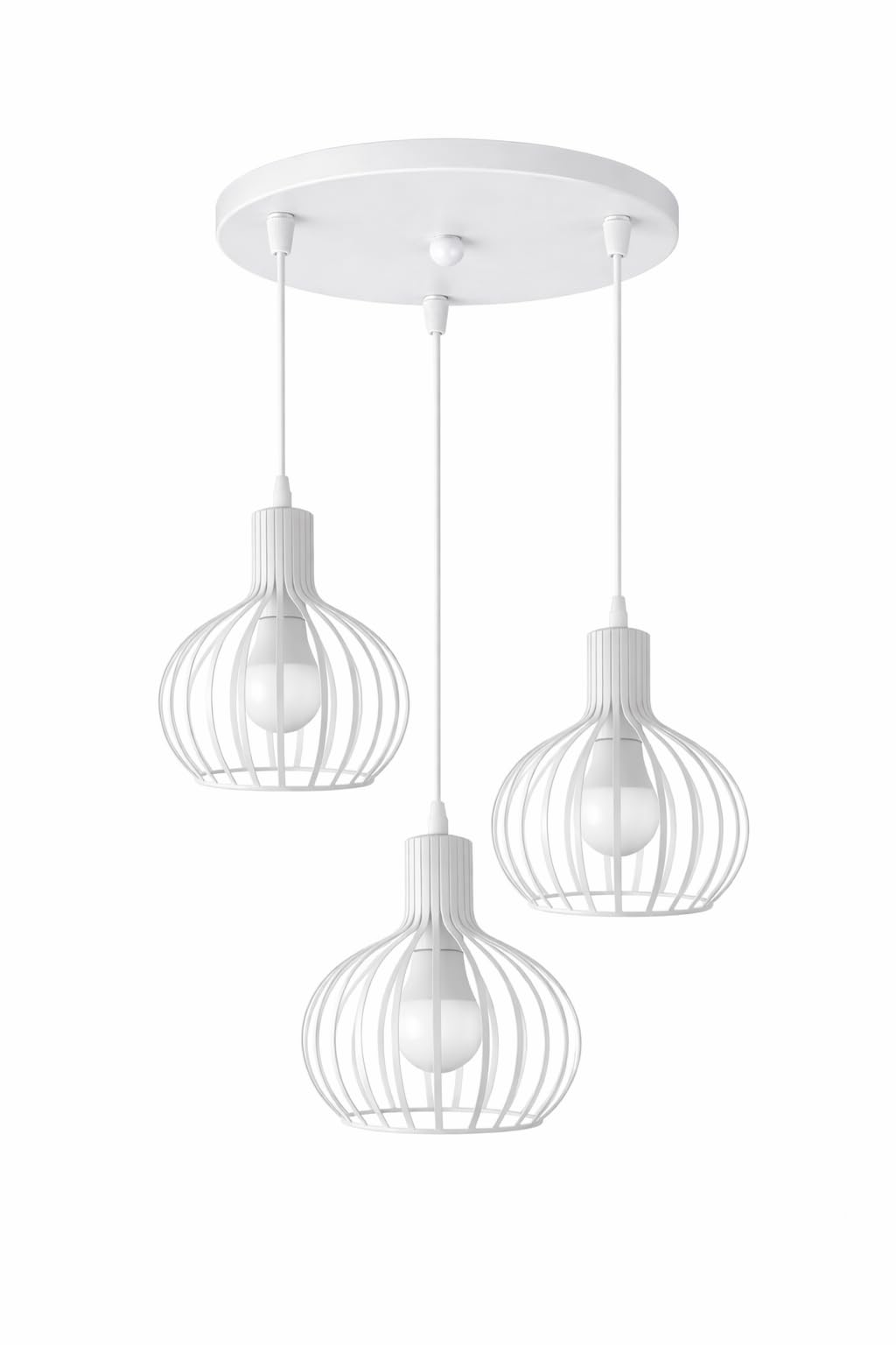 3-Light Farmhouse Pendant Light, Large Metal Cage Hanging Ceiling Light, White Industrial Chandelier for Kitchen Island & Dining Area, E27 Base, Hardwired (Bulbs Not Included)