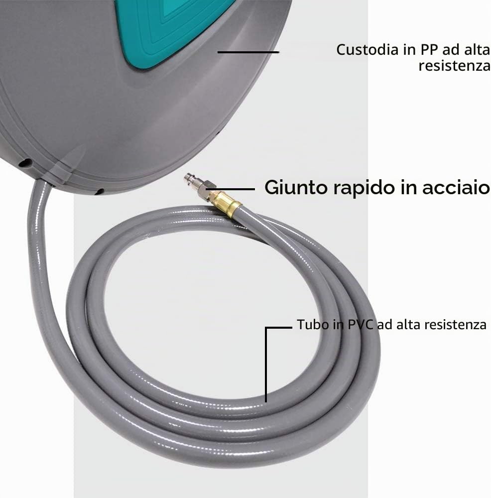 UISEBRT Tubo flessibile ad aria compressa da 20 m, avvolgitubo ad aria compressa, avvolgitubo automatico con attacco rapido, supporto tubo da parete, grigio