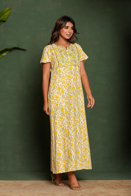 Image of NIHSAMAH Cotton Nighty for Women - Embroidered & Printed Stylish Night Gown, Comfortable Sleepwear Long Nightwear, Maxi