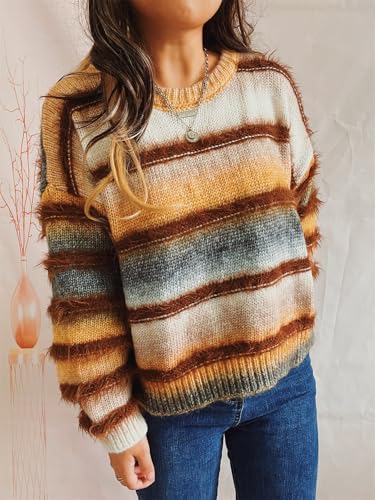 utcoco Womens 2025 Fall Long Sleeve Pullover Sweater Gradient Colorful Striped Oversized Knit Sweaters3