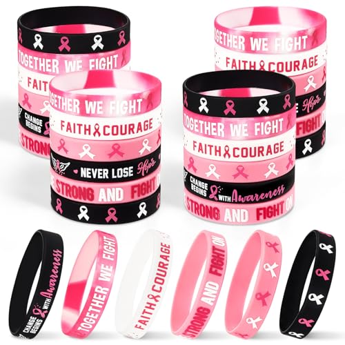 VICROIC 30 PCS Breast Cancer Awareness Silicone Bracelets with Pink Ribbon, Hope Faith Strength Courage Rubber Wristbands Gifts for women Girls Party Favors Supplies