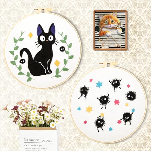 Image of Cat Embroidery Starter Kit for Beginners Adults, Animal Stamped Cross Stitch Kit for Adult Beginner, Hand Embroidery Needlepoint Kits, 2 Set Embroidery Supply, 2 Hoops (Attached Video Tutorial)
