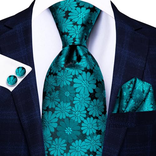 Image of Hi-Tie Silk Ties for Men Plaid Paisley Striped Necktie Pocket Square Cufflinks Set Formal Business