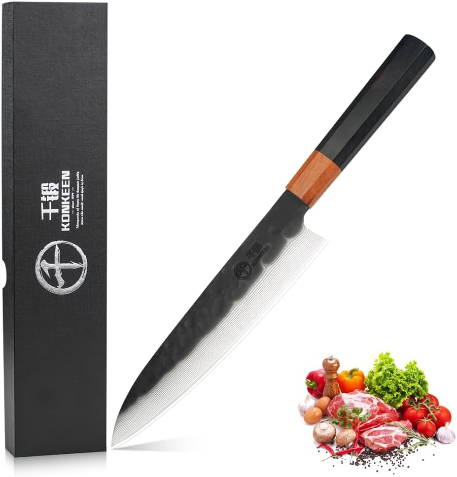 8 Inch Japanese Chef Knife - Black Forged VG10 Damascus Knife, 67-Layer Handmade Forged Kitchen Knife with Wooden Handle & Leather Sheath
