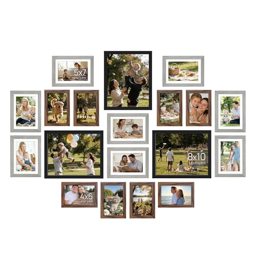 Image of upsimples Picture Frames set of 19, Including 8x10, 5x7, 4x6 Rustic Frame | Black Brown Gray Multi Picture Frames Collage Wall Decor , Gallery Wall Frame Set, Gift For Christmas, Mothers' day, Wedding