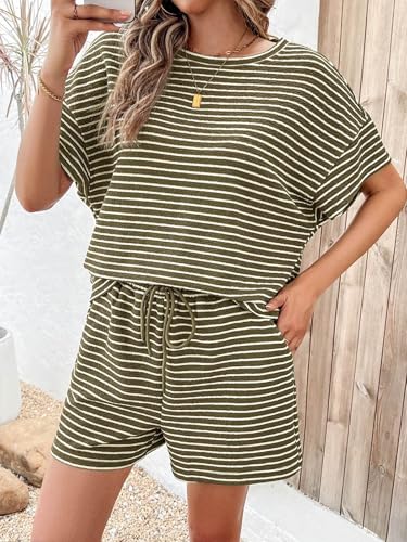 Image of Tankaneo Womens Pajama Sets Striped 2 Piece Lounge Sets Short Sleeve Oversized T Shirts Drawstring Shorts Matching Set