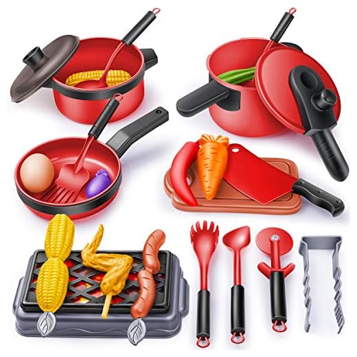 Geyiie Play Toy Kitchen Playsets Accessories 24PCS Kids Kitchen Play Food Set Including Kitchen Cookware Toys Pots and Pans Pretend BBQ Toy Kit for 3+ Year Old Children Girls Boys