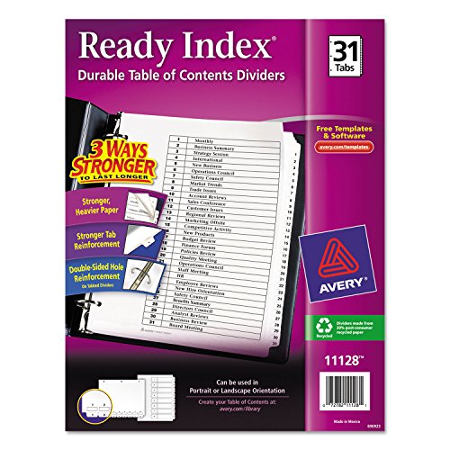 Avery 1-31 Tab Dividers for 3 Ring Binders, Customizable Table of Contents, Classic White Tabs, 1 Set (11128)