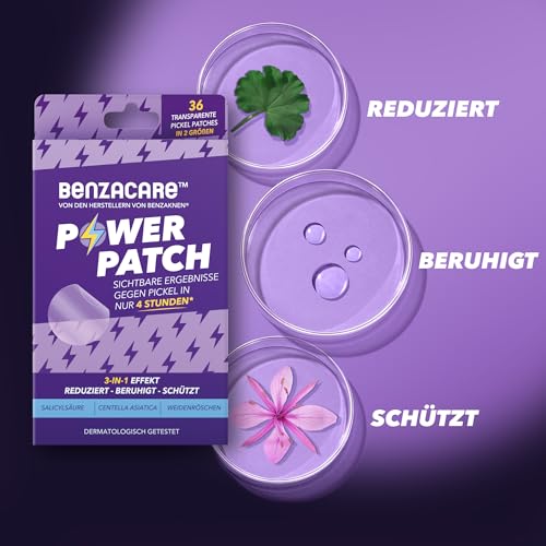 BENZACARE Anti-Pickel Power Patches, 36 Stück, Reduziert Pickel in 4 Stunden, Unischtbare Patches mit Salicylsäure und Centella, Reduziert & schützt Pickel und lindert Rötungen und Entzündungen