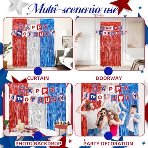 Image of 4th of July Patriotic Decorations, Red White Blue Decorations, 3 Pack Tinsel Foil Fringe Curtains, Banner for Patriotic Party Indoor Outdoor