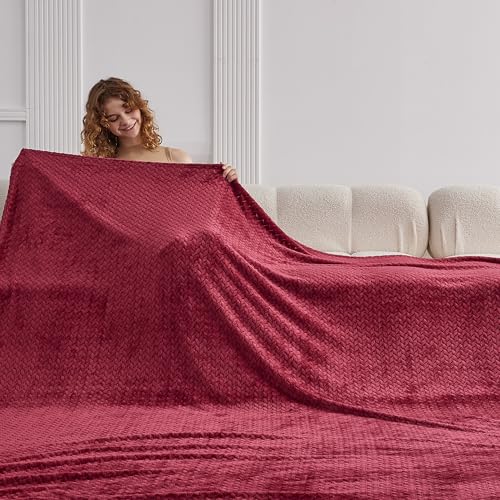 Oversized King Fleece Blanket 120x138 Inches, Seamless Soft Cozy 3D Jacquard Flannel Blanket 10'x11.5' Extra Large for Bed, Sofa, Couch, Travel & Camping, California King Throw, Burgandy Red Leaf