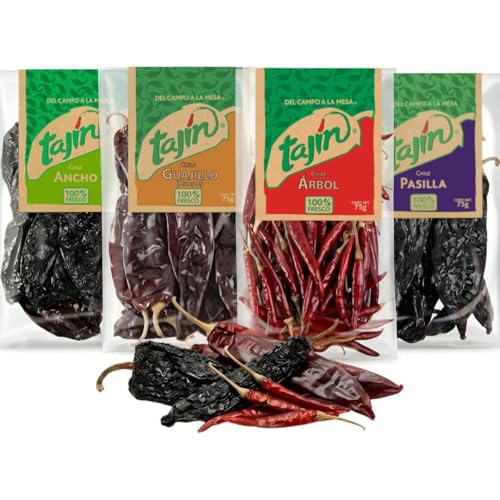 Tajin Mexican Dried Chillies Set | 1 x Guajillo Chillies 75g 1 x Ancho Chilli 75 1 x Arbol Chillies 75 1 x Pasilla Chilli 75g
