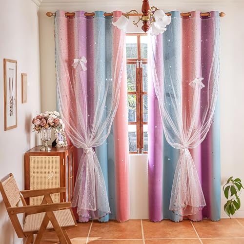 Image of 2-in-1 Double-Layer Kids & Girls Unicorn Princess Ombre Blackout Curtains with Foil Print Sheer, 2 Panels Set for Bedroom, Nursery, Living Room - Purple Blue Pink, 34W x 63L