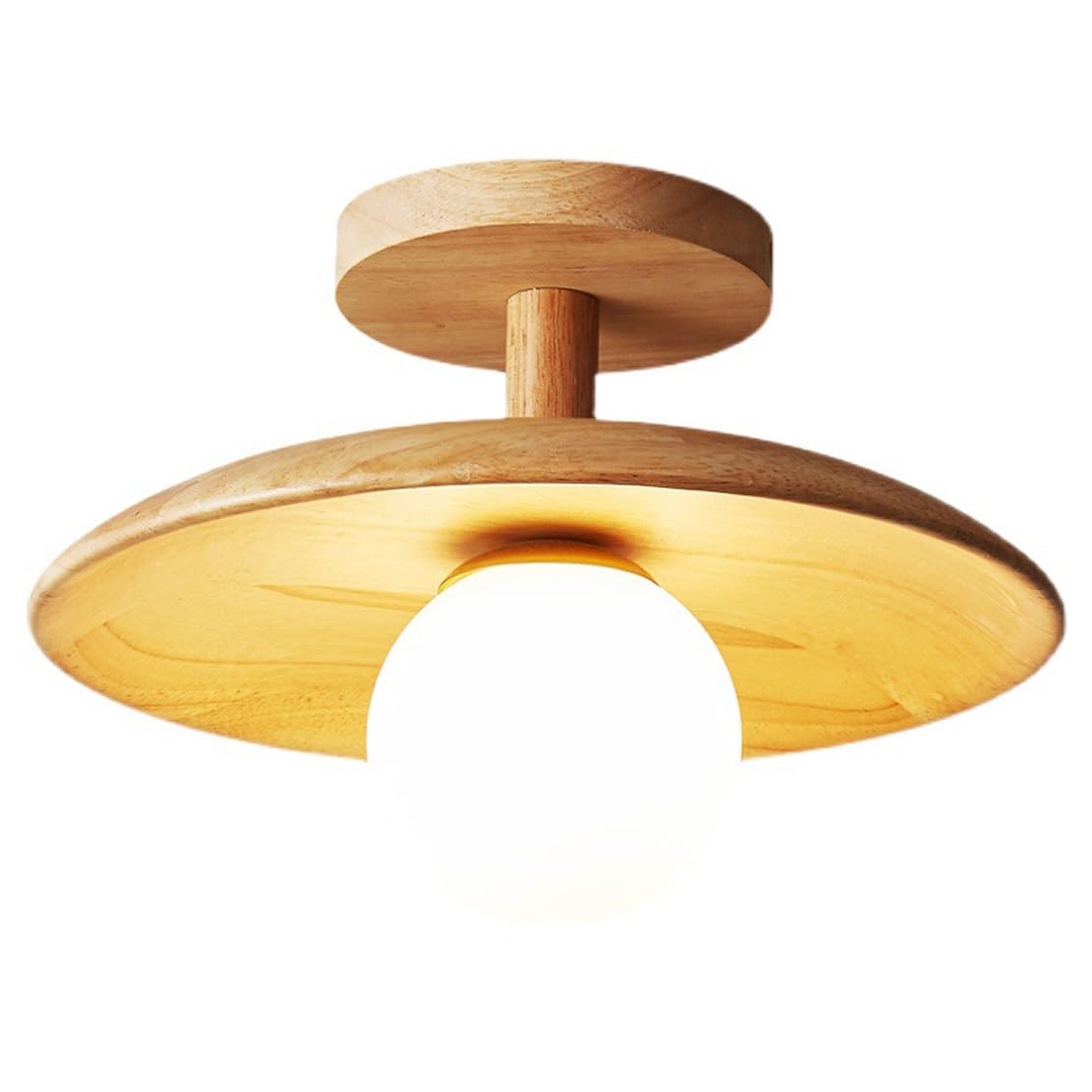 NHPJFDC Modern Natural Wood Flush Mount Ceiling Light White Glass Globe Shade LED Lamp for Hallway Balcony Entrance Minimalist Home Interior Decor Lighting Fixture Round Saucer Wood Lamp