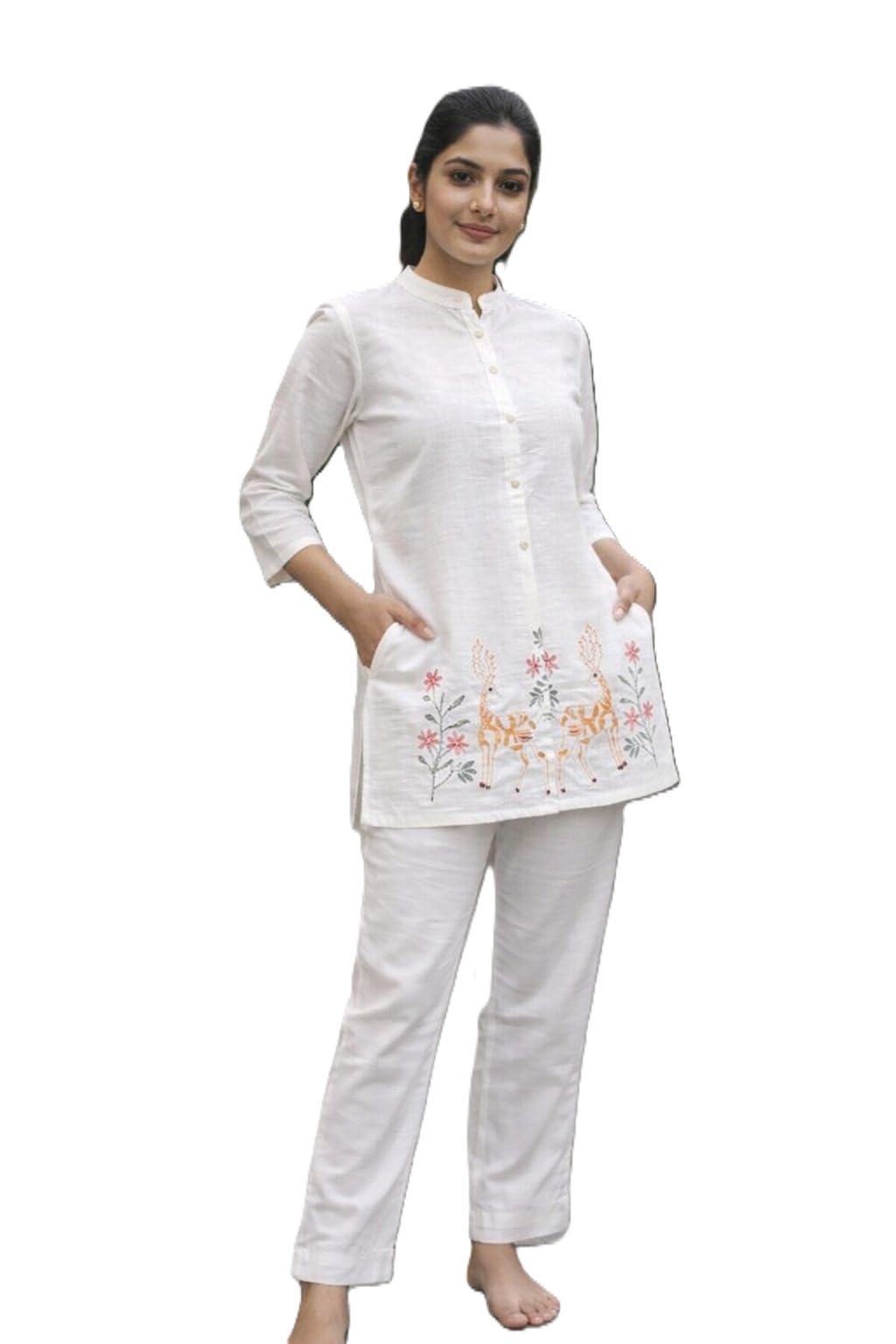 The Bliss Fashion Women’s Cotton Coord Set with Mandarin Collar Ethnic Embroidered Deer Design Tunic Top with 3/4 Sleeves & Straight Pants Ideal for Casual & Office Wear-picture-13