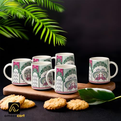 Image of Alive Peacock Art Printed Ceramic Tea /Coffee Mug Set of 6 (300 ml) | Microwave & Dishwasher Safe |Premium Ceramic Mugs for Home, Office & Gifting