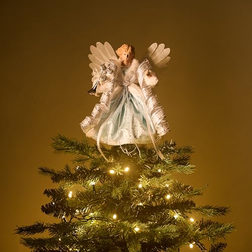 Valery Madelyn 27cm Engel Weihnachtsbaumspitze mit Feder Flügeln Christbaumspitze batteriebetriebe Bunte LED beleuchtete Baum-Spitzenengel… – Ansicht 3