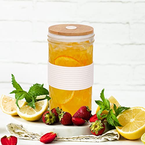 Mason Jar With Lid And Straw, 20Oz Wide Mouth Mason Jar Drinking Glasses Tumbler With Bamboo Lid And Silicone Sleeve, 2 Packs Reusable Boba Cups Travel Bottle For Iced Coffee Large Pearl Juice, White #TOP4
