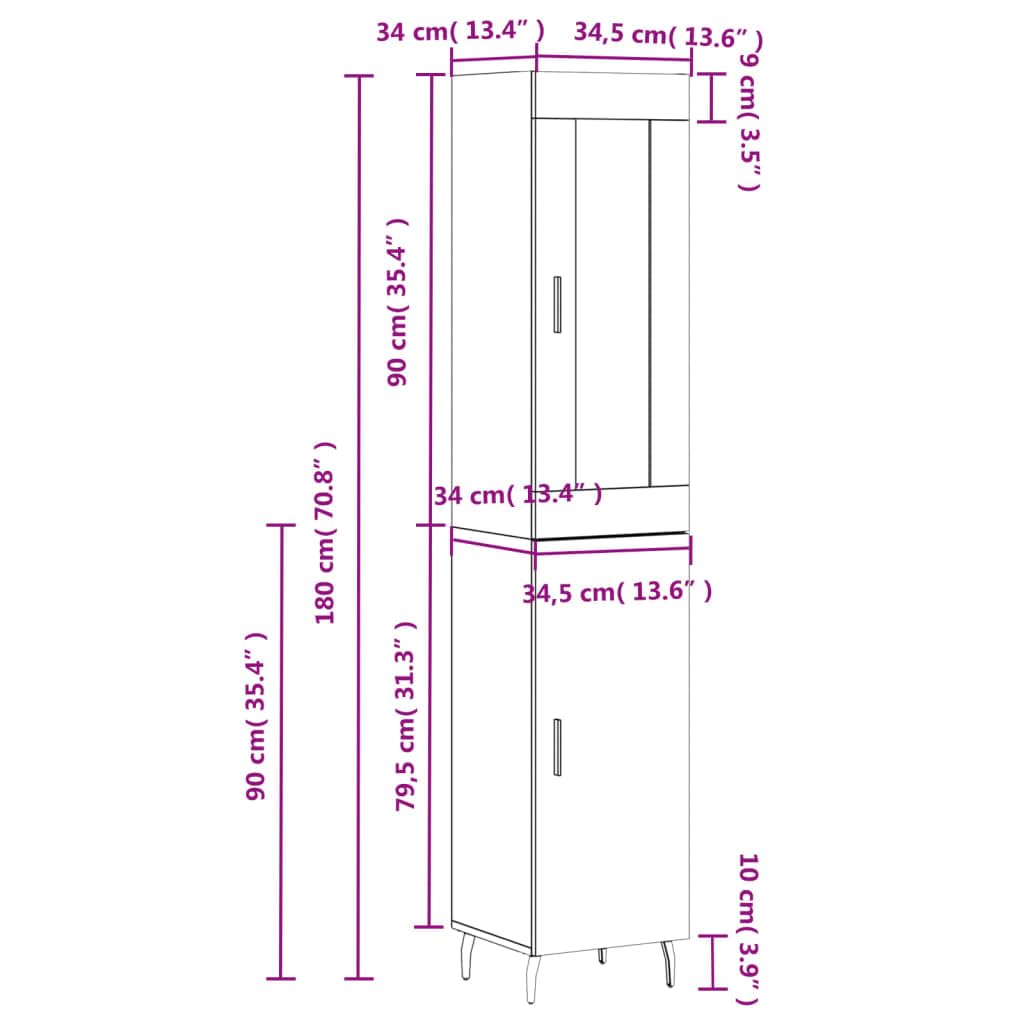 Armadietto alto, bianco, 34,5 x 34 x 180 cm, in legno con piedini in metallo, per soggiorno, sala da pranzo, corridoio, camera da letto, cucina, ufficio, portaoggetti e organizer