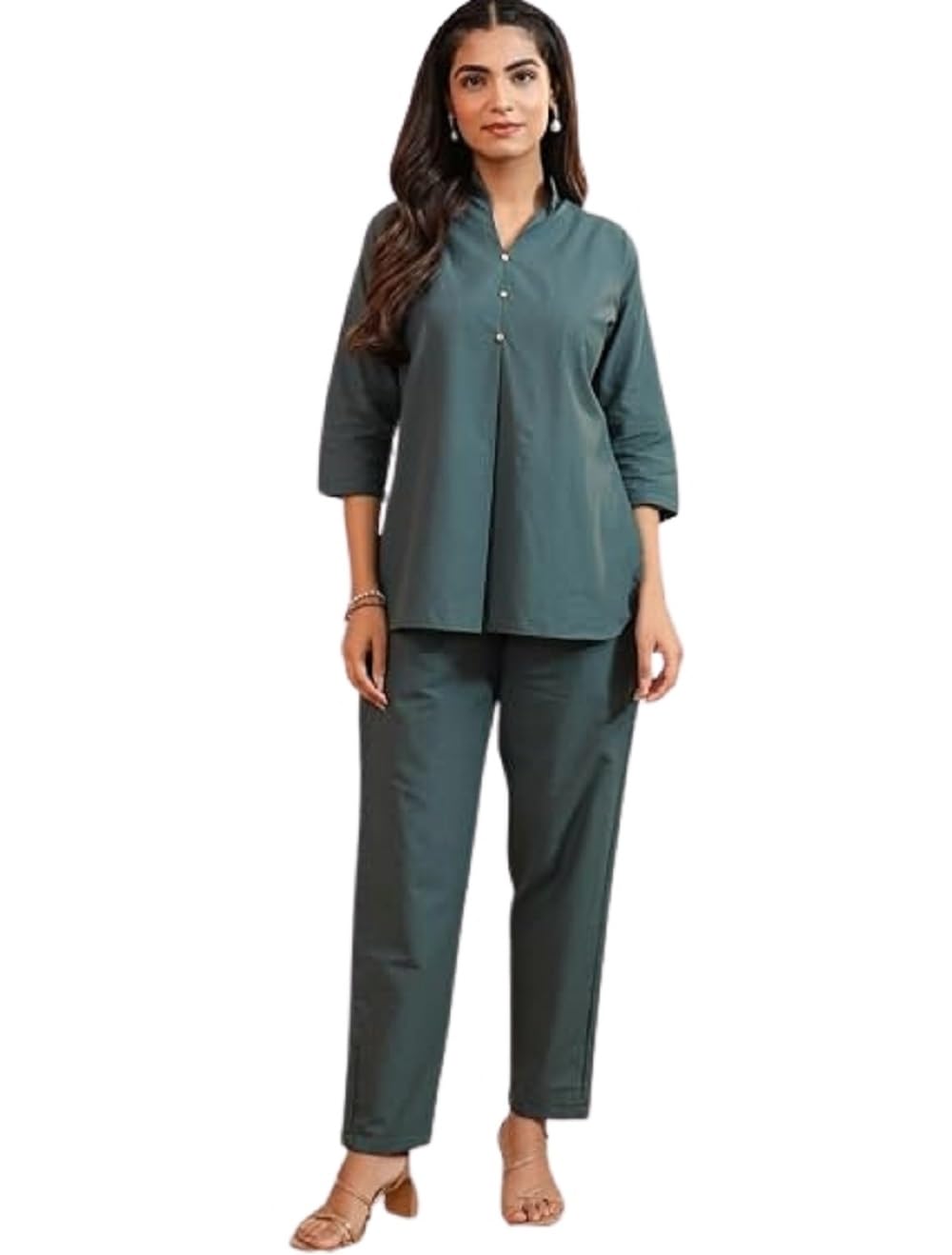 Rangrika.in Solid 3 Button Co Ord Set for Women Straight Fit Top and Pant Set Minimal Stylish Outfit for Office Wear Casual Daily Wear Comfortable Fashion (Forest Green-L)-picture-22