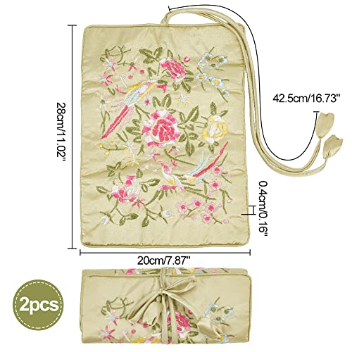 Chgcraft 2Pcs Embroidery Travel Jewelry Bag Roll Silk Jewelry Organizer Practical Jewelry Roll With Tie Close, Yellow Green, 7.87X11X0.16Inch #TOP1