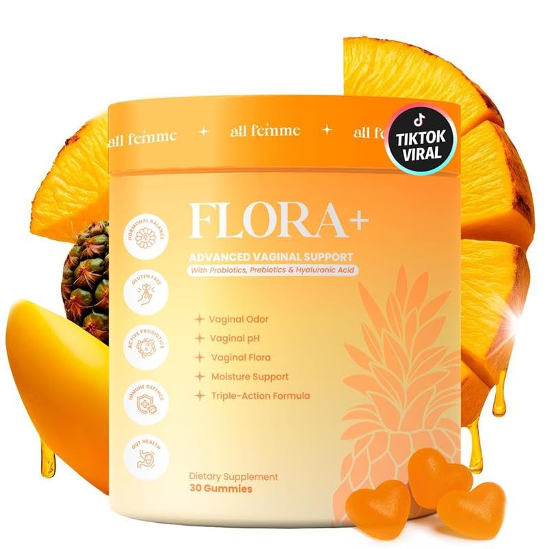 Flora+ Womens Vaginal Probiotic Gummies for pH Balance, Odor and Freshness Support with Prebiotics & Hyaluronic Acid, Sugar Free Pineapple, Vegan Non-GMO | 30 Gummies
