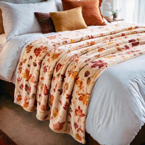 Manta de lanzamiento de otoño MixYoke con hojas de calabaza y franela a cuadros para sofá cama miniatura 2