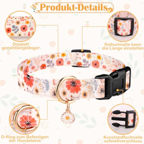 Sommer Hundehalsband Bunt, Blume & Dinosaurier-Designhundeleine mit Schnellverschluss Kunststoffschnalle, Komfortable Baumwolle Halsband für Jungen und Mädchen Hunde (Blumen, S(Hals:24-40cm))