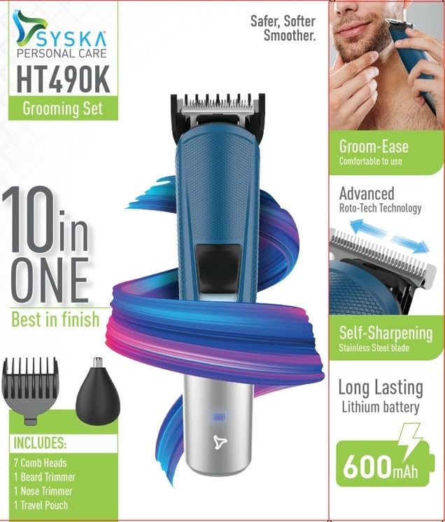 Image of SYSKA HT490K Professional 10-in-1 Grooming Kit for Men|Rechargable Beard Hair Nose Trimmer|120 min Runtime with Hidden LED Indicator|Advance Roto-tech Technology|Free Travel-Friendly Storage Pouch| 2-Year Warranty